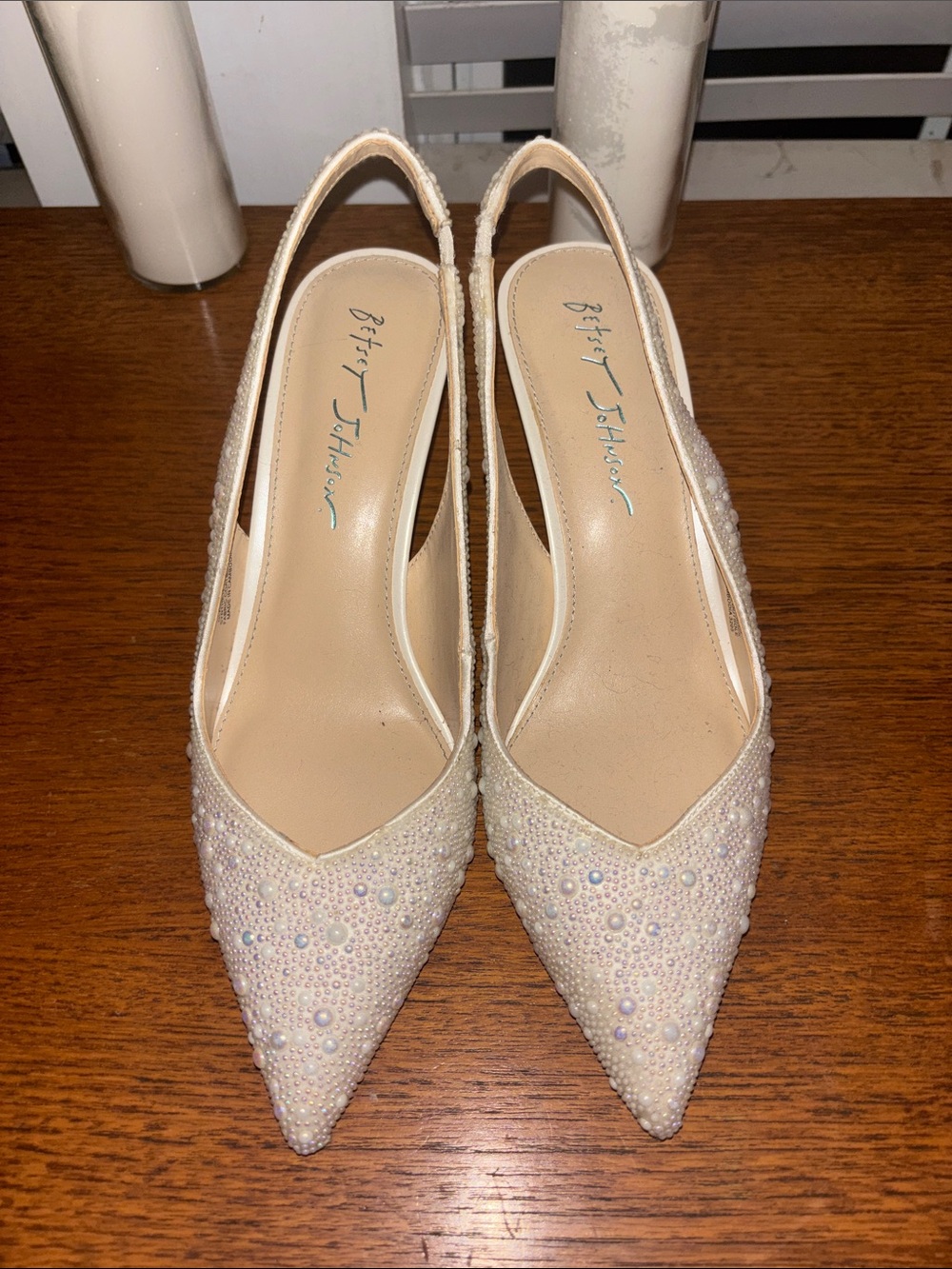Betsey Johnson Ivory Beaded Pointed-Toe Slingback Heels